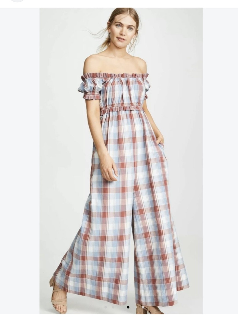 Ulla Johnson Red and Blue Plaid Off-Shoulder Jumpsuit